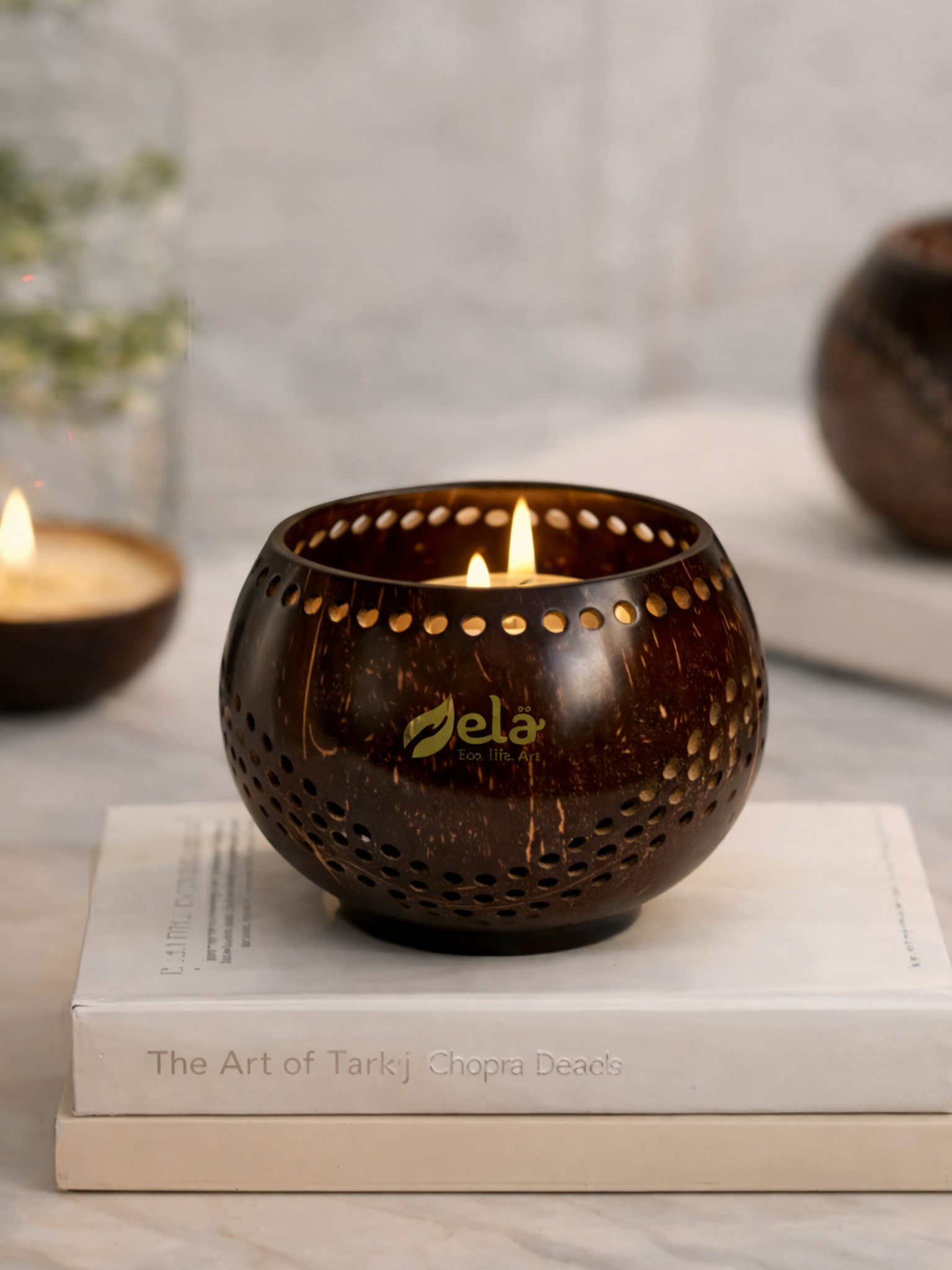 Hand Carved Coconut Shell Tealight Candle Holder